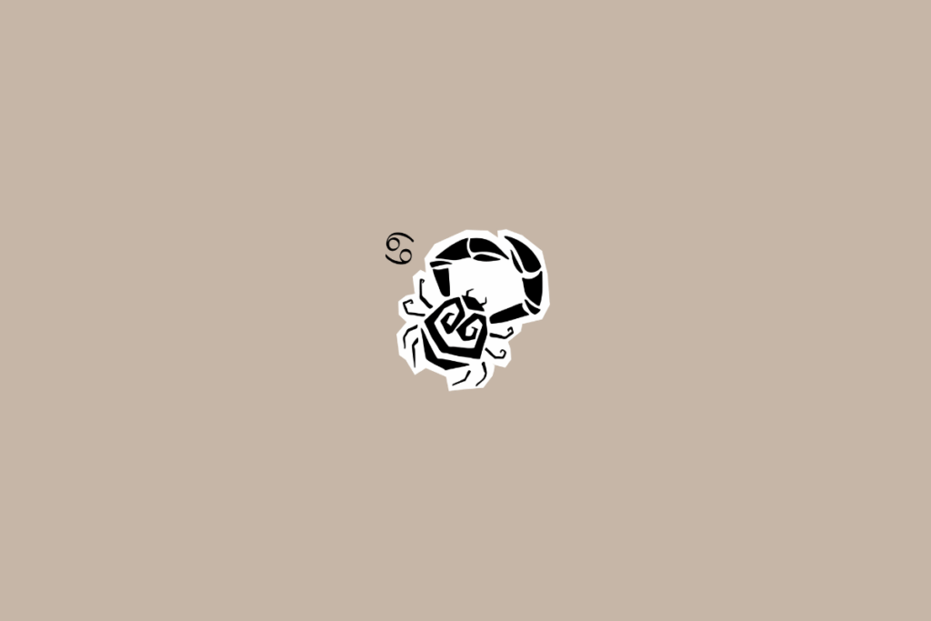 Ilustração gráfica de um caranguejo, representando o signo de Câncer, com seu glifo ao lado e sobre fundo bege