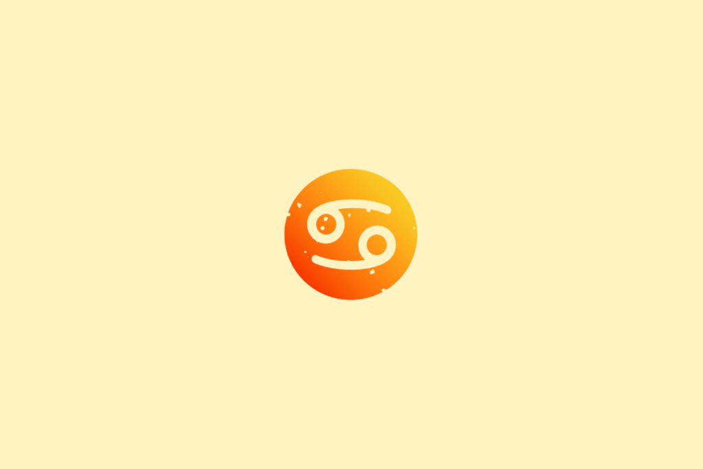 Ilustração minimalista do signo de Câncer, representado pelo símbolo formado por dois círculos e linhas curvas em tom creme. O desenho está sobre um círculo em degradê de laranja e vermelho, com pequenos pontos decorativos e fundo amarelo-claro.