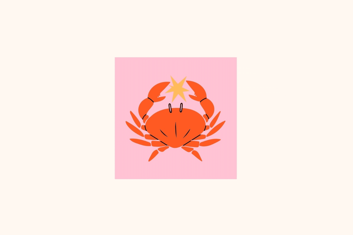 Ilustração estilizada do signo de Câncer centralizada em um quadrado rosa sobre fundo creme, apresentando um caranguejo em tom laranja vibrante com as garras erguidas segurando uma estrela amarela-dourada no topo