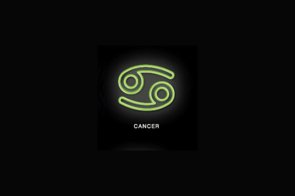 Sobre um fundo preto, o símbolo do signo de Câncer é exibido em estilo néon verde brilhante, acompanhado pela palavra "CANCER" escrita em letras maiúsculas brancas na parte inferior