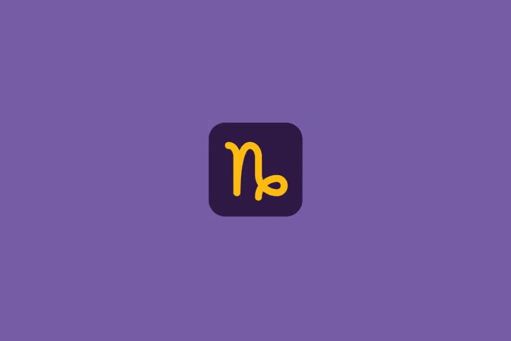 Símbolo de Capricórnio desenhado em amarelo, com traços curvos que formam o símbolo tradicional, dentro de um quadrado de cantos arredondados em roxo-escuro. Em fundo roxo.