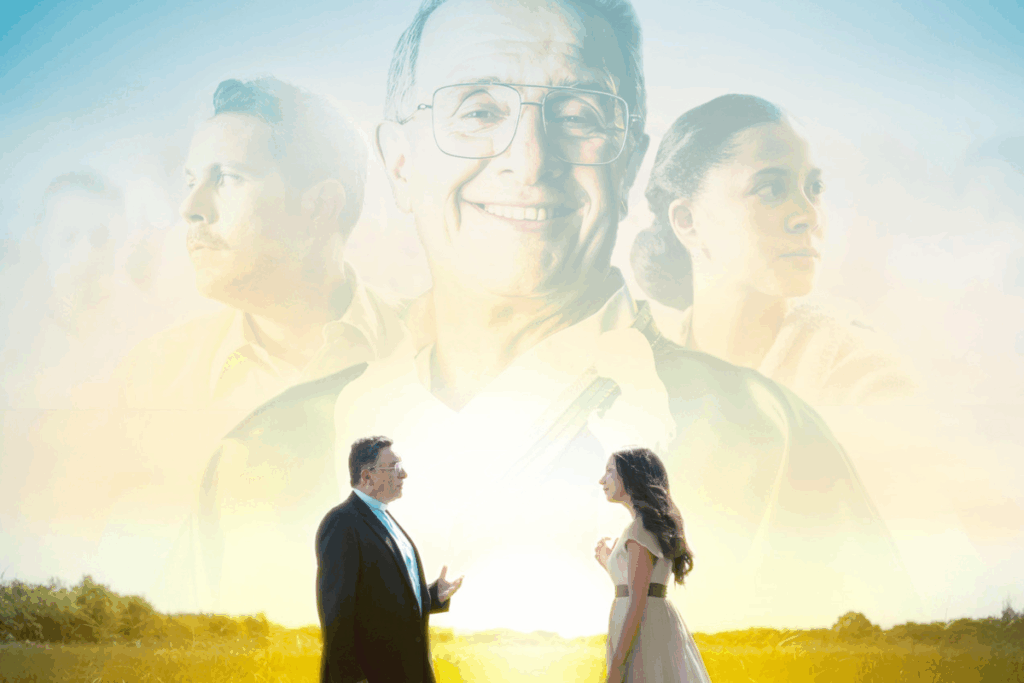 Pôster de "Dia Oito: O Sopro do Espírito" com o Padre Emiliano Tardif conversando com a jovem Yira em um campo ao amanhecer, e os rostos do elenco sobrepostos ao céu iluminado.