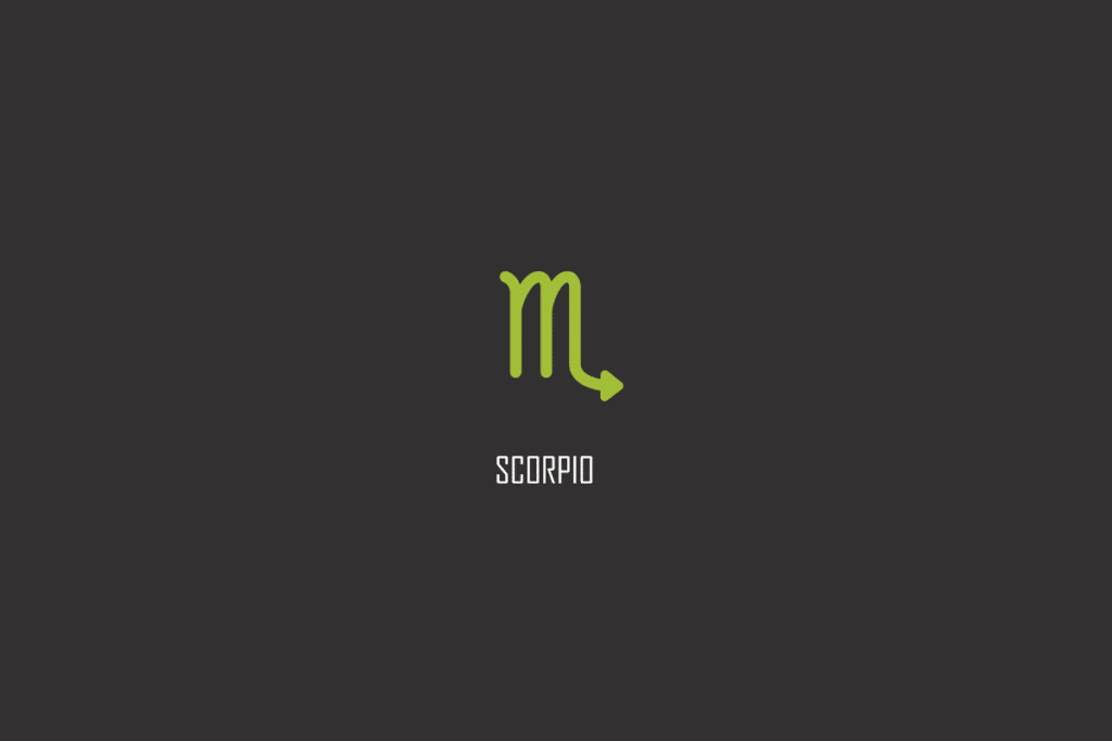 Símbolo verde de Escorpião com o nome SCORPIO escrito abaixo, sobre fundo cinza escuro