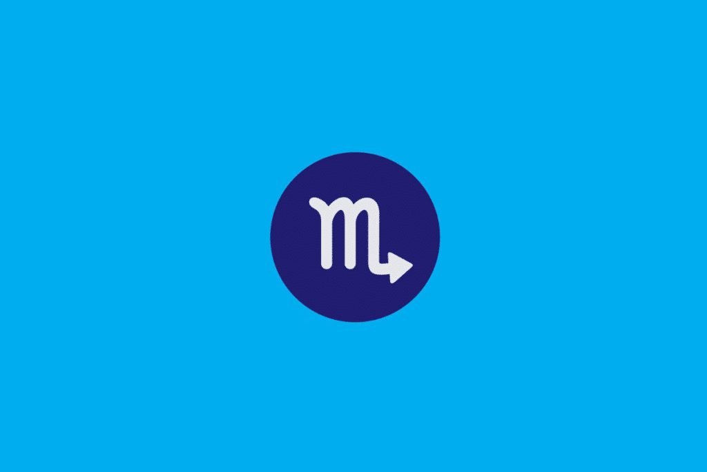 Ilustração com fundo azul-claro contendo um círculo azul-escuro ao centro. Dentro do círculo, há o símbolo do signo de Escorpião desenhado em branco, parecido com a letra "m" com a ponta final em formato de seta
