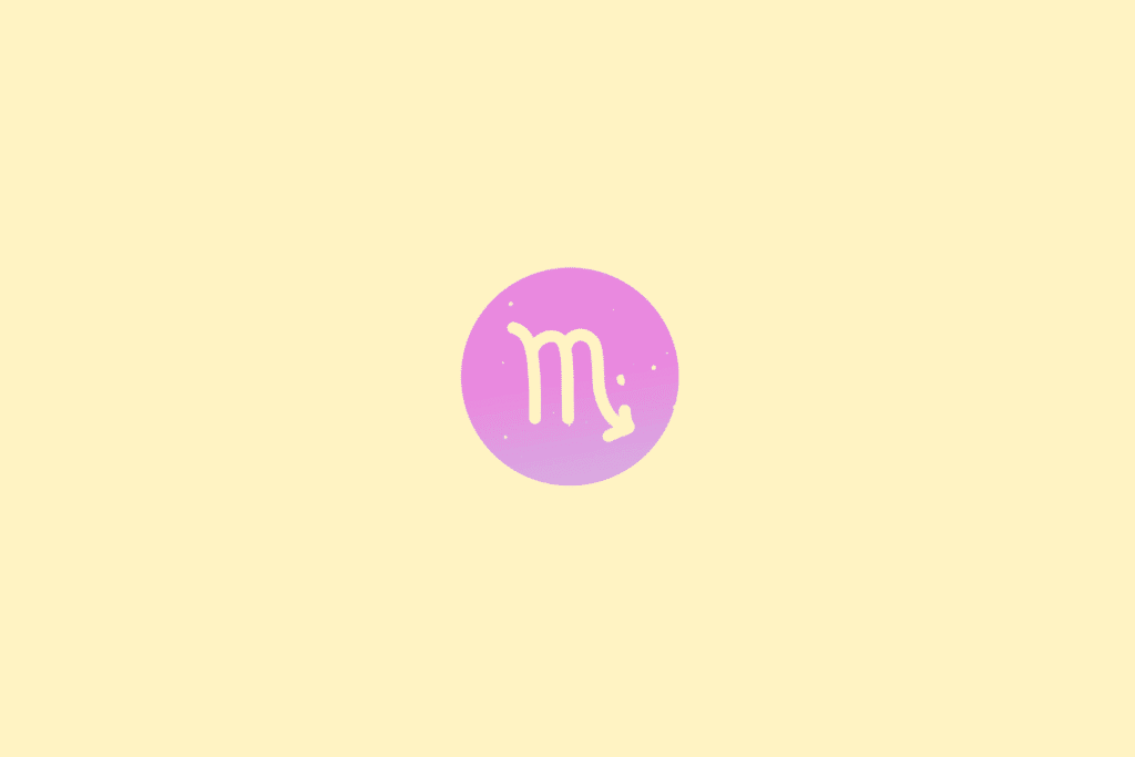 Ilustração minimalista do signo de Escorpião, representado pelo símbolo do signo em tom creme, com uma pequena seta na extremidade. O desenho está dentro de um círculo em degradê de rosa e lilás, sobre fundo amarelo-claro.