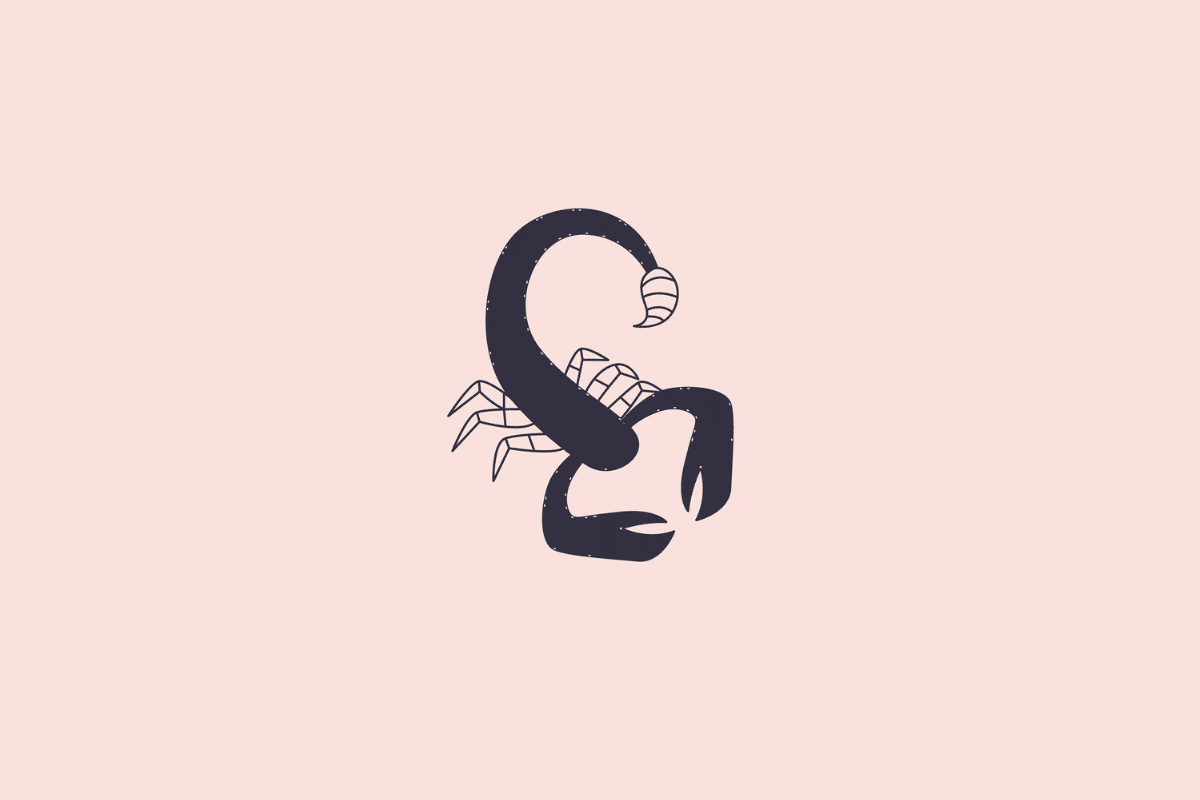Ilustração estilizada e minimalista de um escorpião, simbolizando o signo de escorpião, em tom azul-escuro sobre um fundo rosa-claro