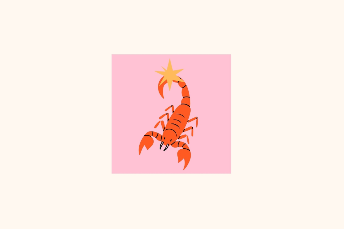 Ilustração estilizada do signo de Escorpião centralizada em um quadrado rosa sobre fundo creme, retratando um escorpião em tom laranja vibrante com cauda curva pontuada por uma estrela amarela-dourada no topo
