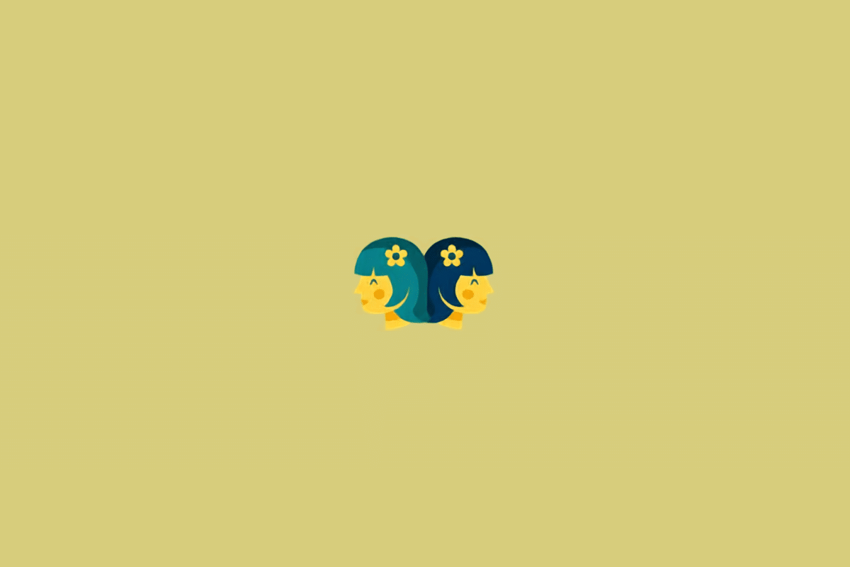 Duas figuras femininas estilizadas lado a lado e voltadas para direções opostas. Elas têm cabelos azuis, rostos amarelos e pequenas flores amarelas nos cabelos. Em fundo verde-claro.