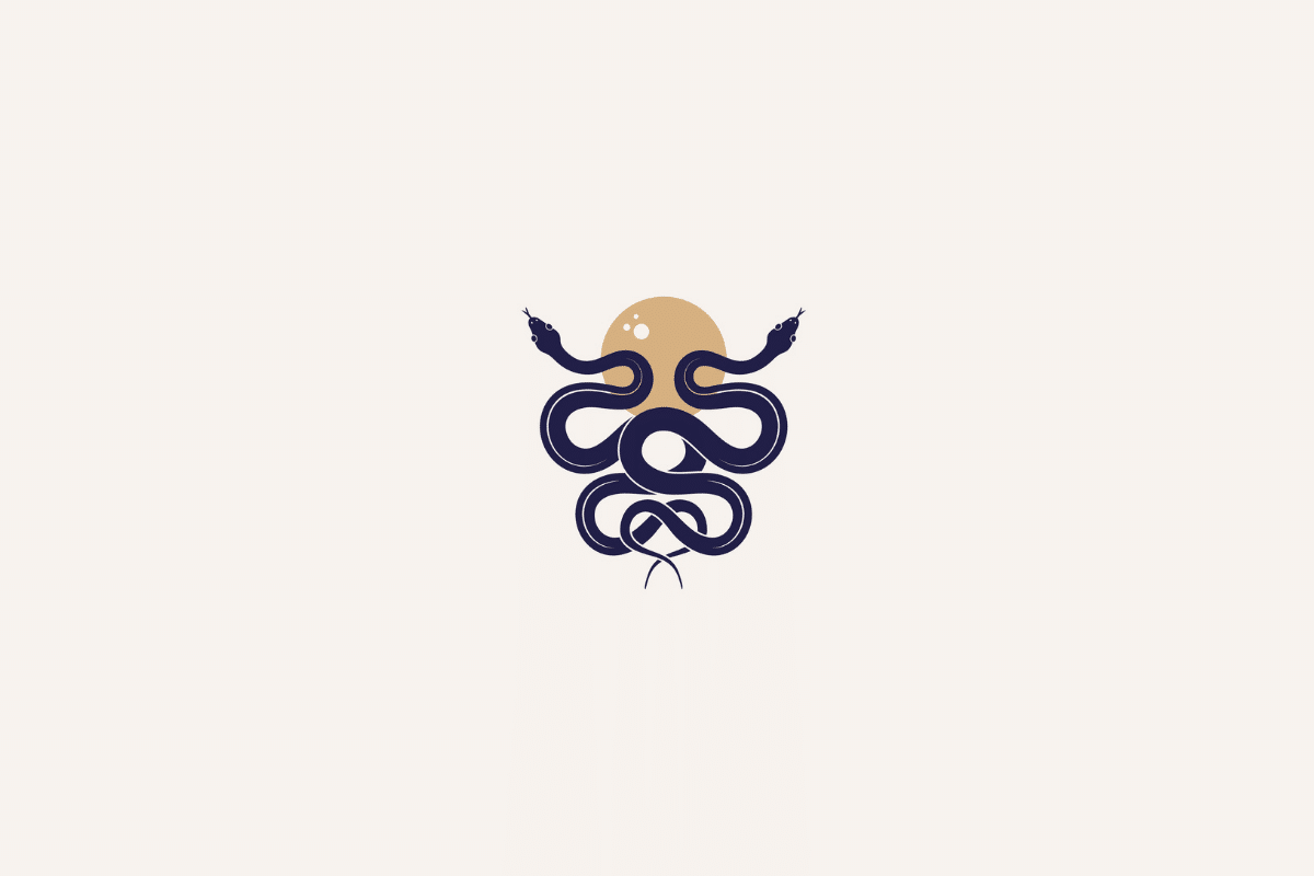Ilustração de duas cobras representando o signo de gêmeos em azul-escuro com círculo bege ao fundo e centralizada em fundo bege-claro
