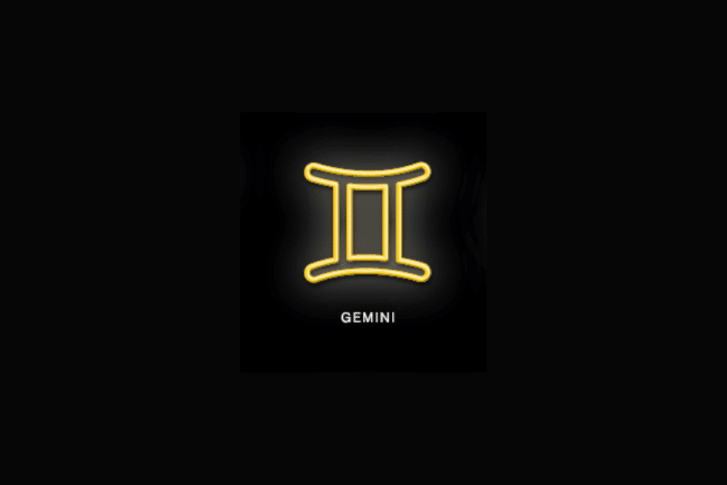 Sobre um fundo preto, o símbolo do signo de Gêmeos é exibido em estilo néon amarelo brilhante, acompanhado pela palavra "GEMINI" escrita em letras maiúsculas brancas na parte inferior