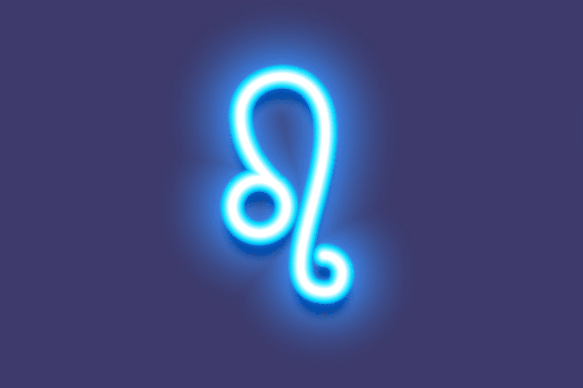A imagem apresenta o símbolo do signo de leão em branco, com um intenso efeito luminoso azul neon. O ícone está centralizado sobre um fundo azul-arroxeado escuro, criando uma aparência moderna e brilhante.