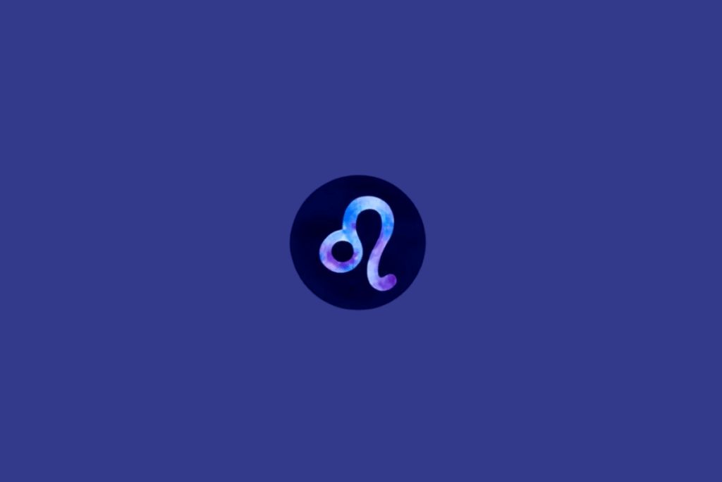 Símbolo do signo de Leão em tons de roxo e azul em círculo azul escuro, em fundo azul.