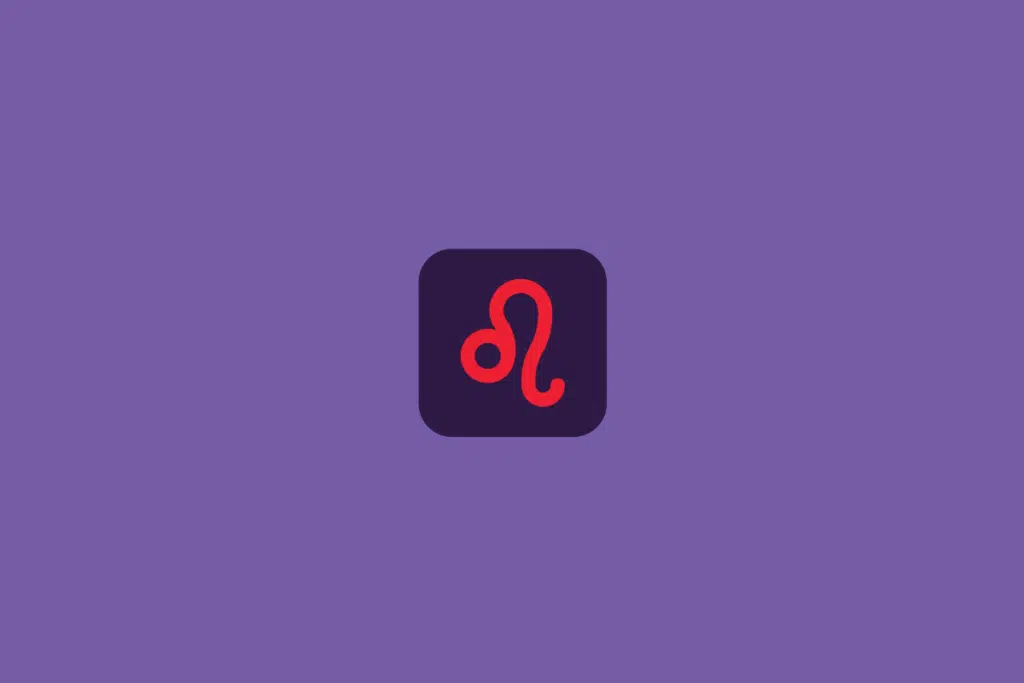 Símbolo de Leão formado por uma curva alongada e um círculo, em vermelho, dentro de um quadrado de cantos arredondados em roxo-escuro. Em fundo roxo.