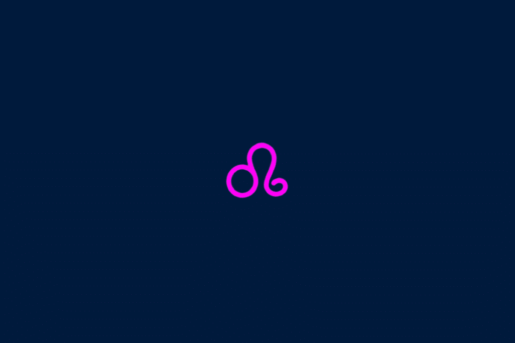 Símbolo de Leão composto por linhas curvas e arredondadas, formando o desenho característico do signo, centralizado sobre um fundo azul-marinho. A figura aparece em magenta intenso.