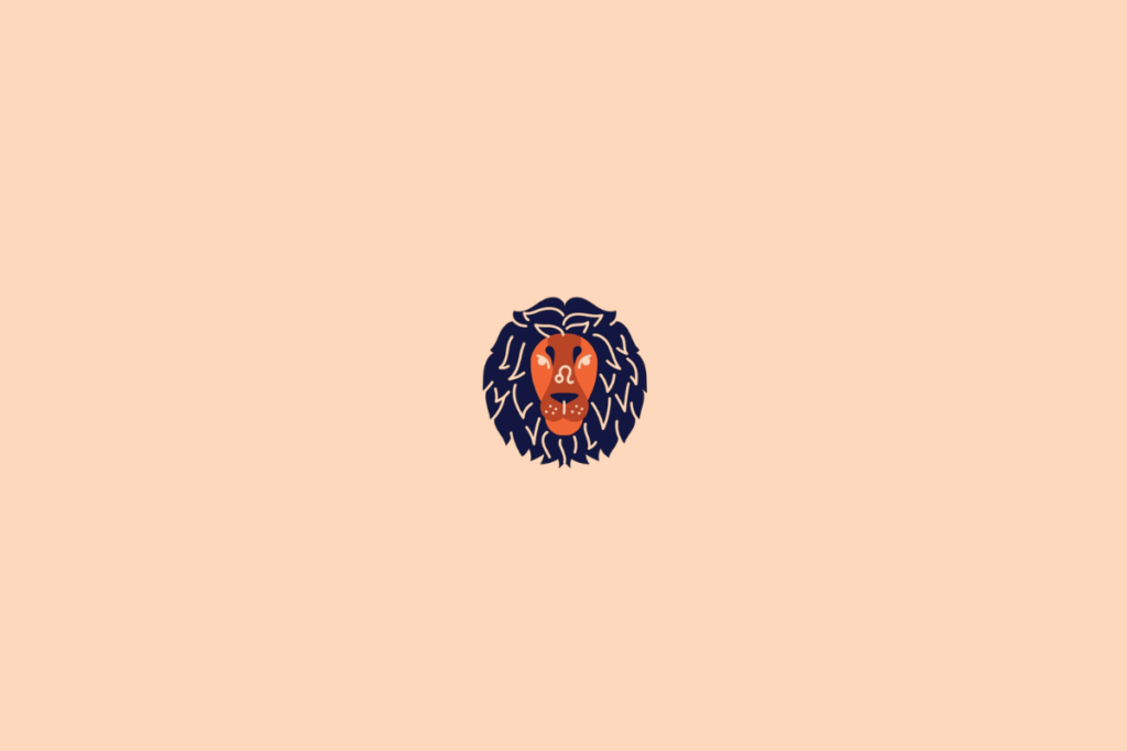 Ilustração de um leão estilizado, representando o signo de Leão, em tons de azul e laranja sobre fundo pêssego.