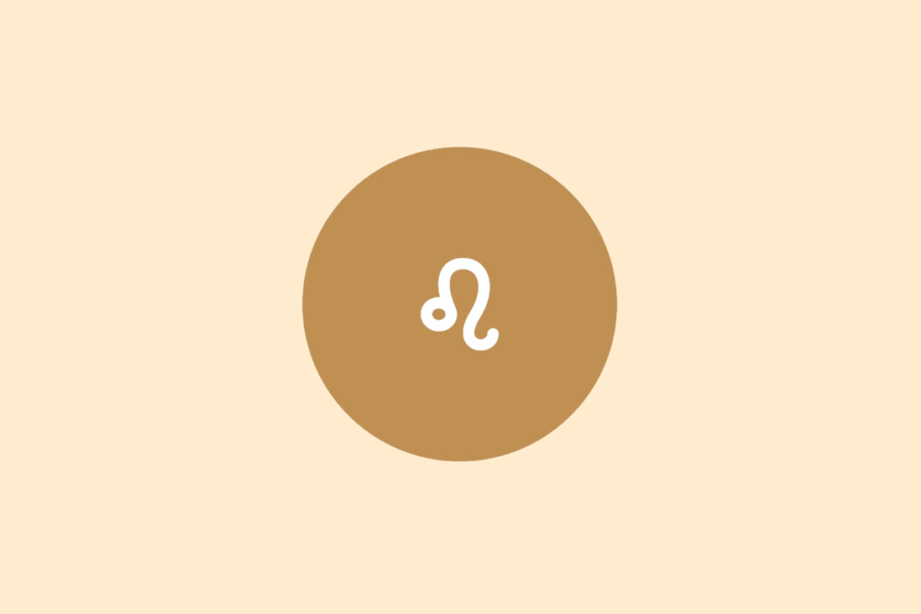 Ilustração do signo de Leão em branco dentro de um círculo marrom, centralizado sobre fundo bege-claro