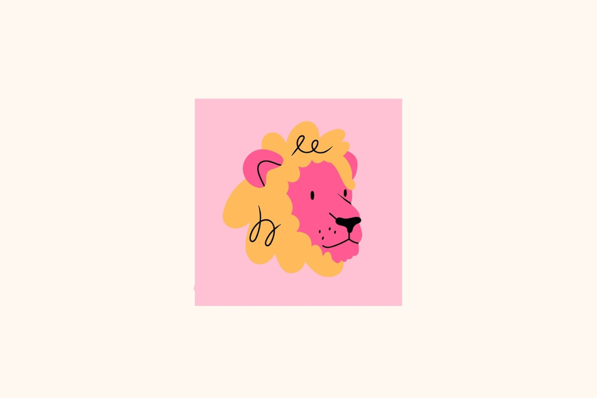Ilustração estilizada do signo de Leão centralizada em um quadrado rosa sobre fundo creme, destacando a cabeça de um leão em tom rosa-choque de perfil, envolta por uma juba amarela volumosa com detalhes pretos em espiral