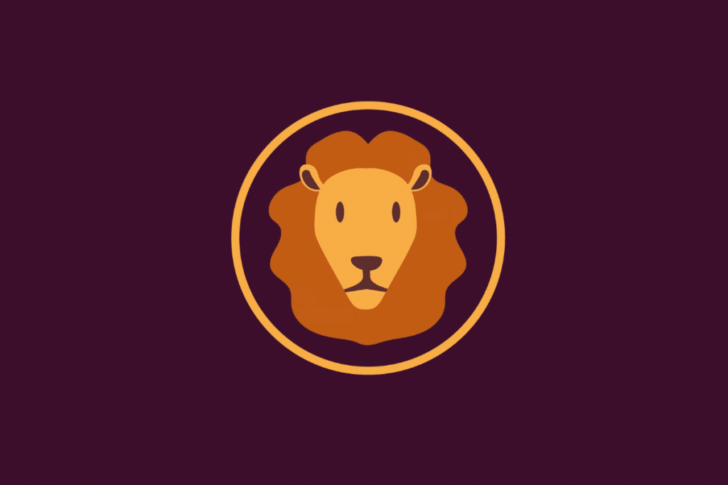 Ícone ilustrado em tons de amarelo e castanho sobre fundo roxo escuro, dentro de uma moldura circular, representando o signo de Leão através do rosto frontal de um leão com juba