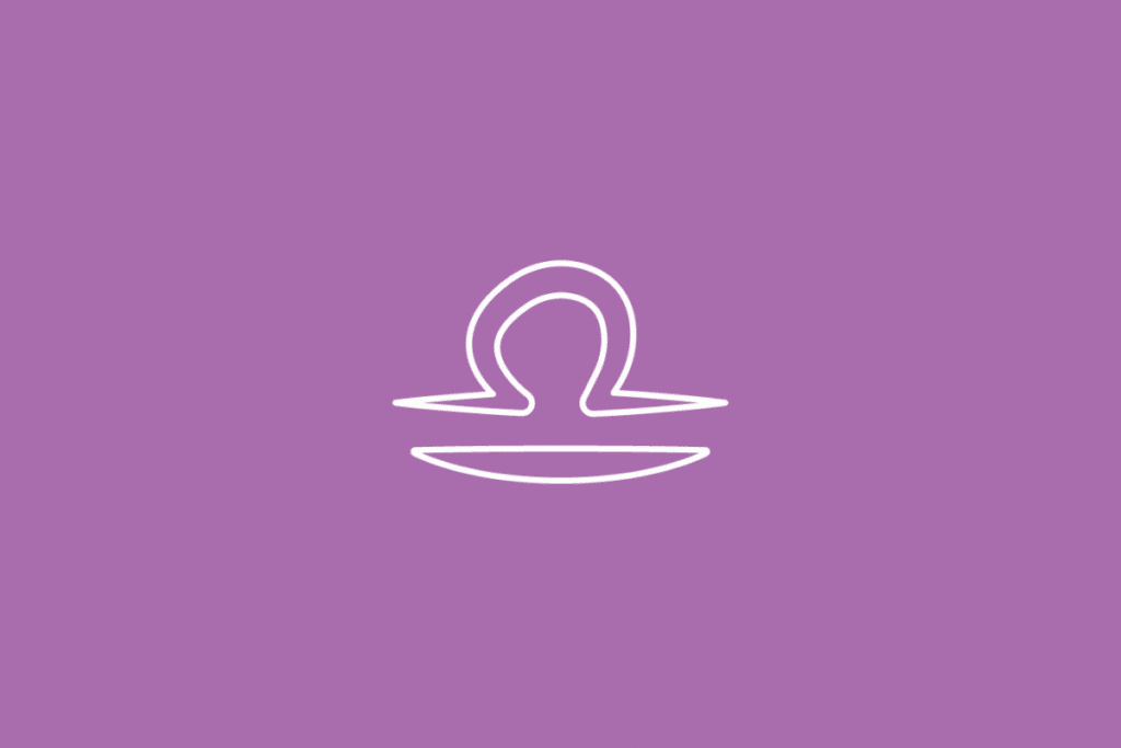 Símbolo do signo de Libra desenhado em linhas brancas, centralizado sobre um fundo lilás
