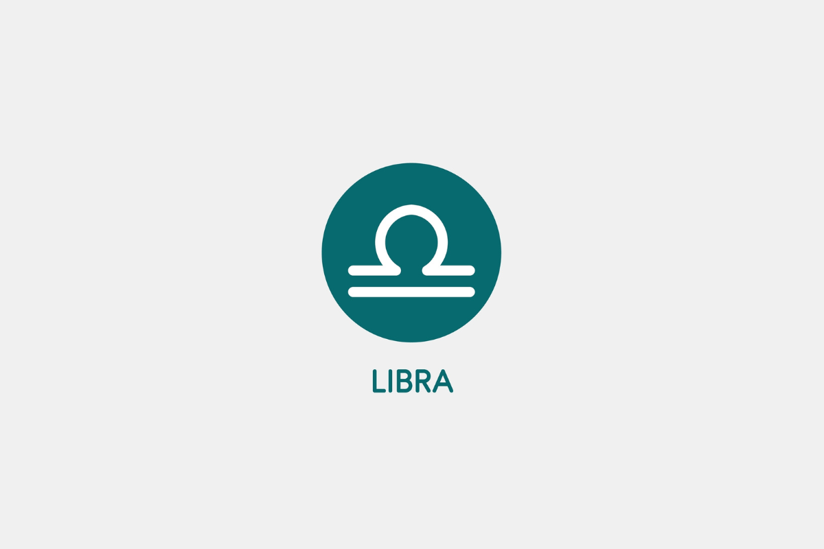 Símbolo astrológico de Libra em círculo azul-petróleo centralizado sobre fundo cinza-claro minimalista