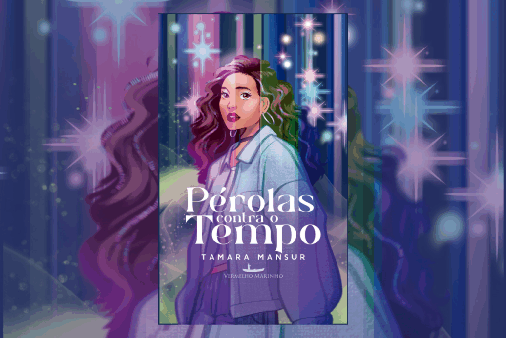 Capa de livro com título e nome do autor em branco com ilustração de uma jovem com o cabelo cacheado, usando roupas em tons de azul