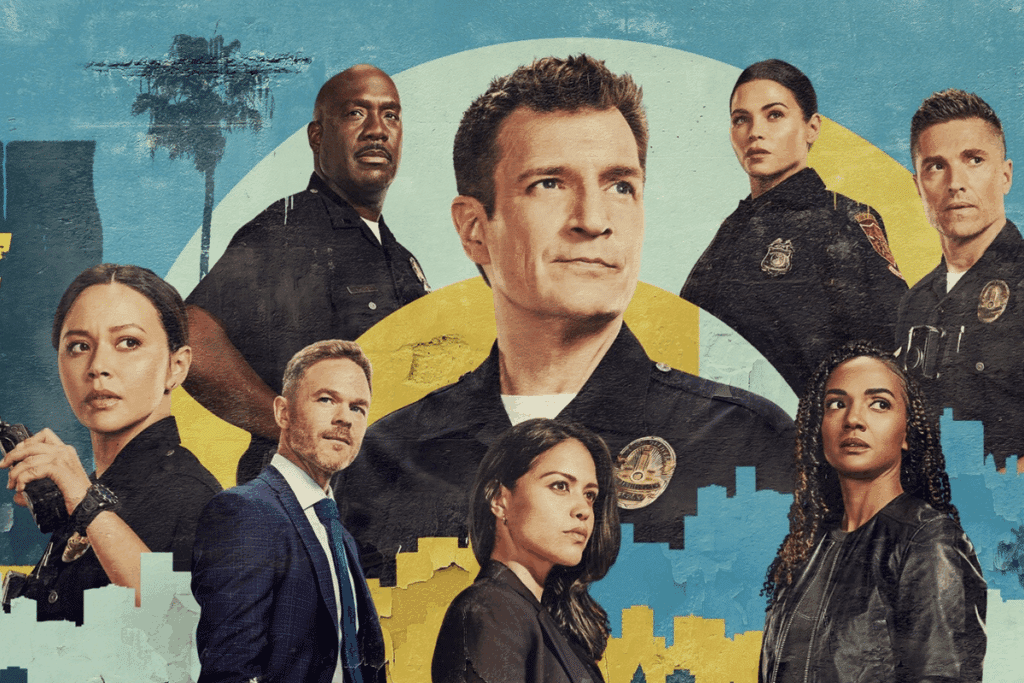 Elenco da série "O Novato" reunido em arte promocional, com Nathan Fillion como o policial John Nolan ao centro e os demais personagens uniformizados ao redor, sobre um fundo texturizado em azul e amarelo com a silhueta de Los Angeles.
