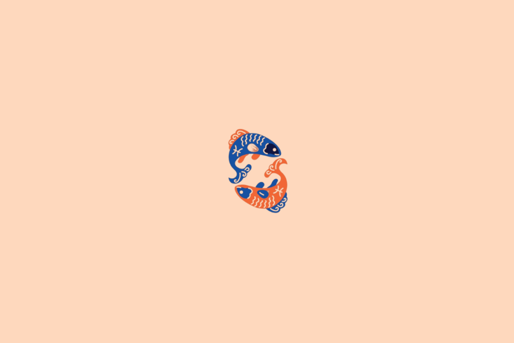 Ilustração de dois peixes estilizados, representando o signo de Peixes, em tons de azul e laranja sobre fundo pêssego.