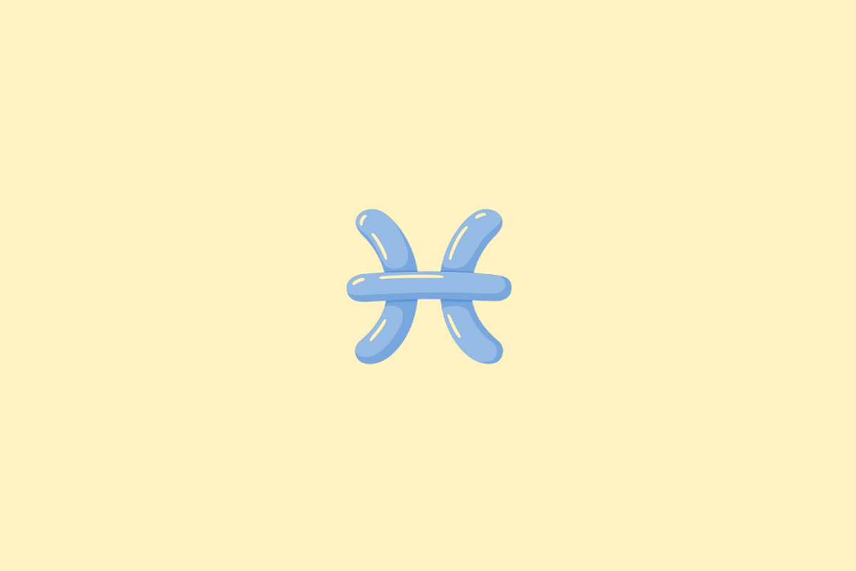 Ilustração do símbolo do signo de Peixes, formado por duas curvas voltadas para lados opostos e atravessadas por uma linha horizontal, em tom azul-claro, sobre um fundo amarelo-claro.