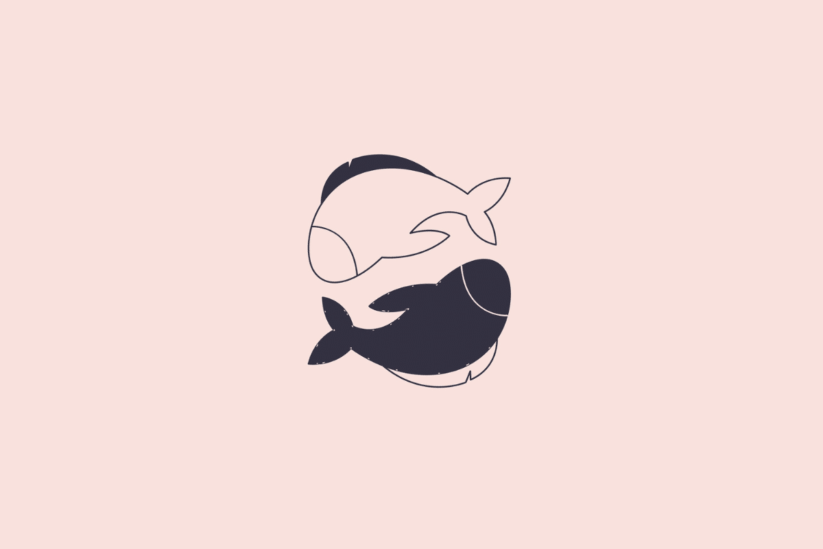 Ilustração estilizada e minimalista de dois peixes, simbolizando o signo de peixes, em tom azul-escuro sobre um fundo rosa-claro