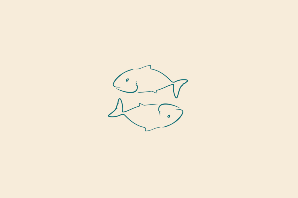 Ilustração minimalista de dois peixes posicionados em sentidos opostos, em azul-esverdeado, representando o signo de Peixes sobre fundo bege.