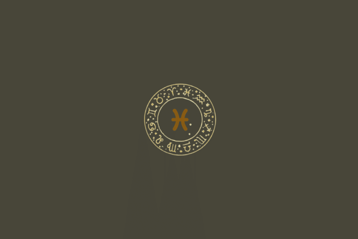 Fundo liso em cinza-escuro/oliva. No centro há um círculo zodiacal com contorno fino em dourado-claro, contendo os 12 símbolos dos signos distribuídos na borda, além de pequenos pontos ornamentais. No interior aparece o símbolo de Peixes, formado por duas curvas opostas conectadas por uma linha horizontal central, em dourado-ocre.
