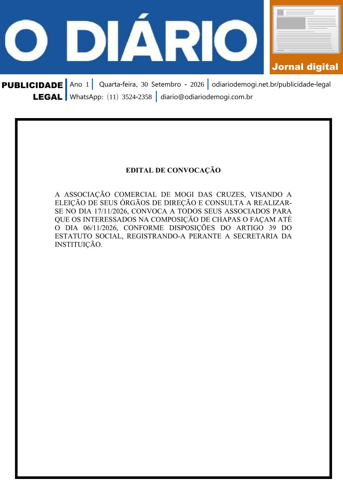 Quarta-feira, 30 de Setembro