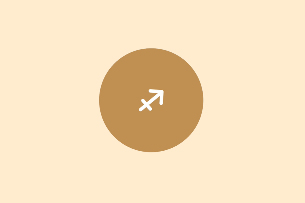 Ilustração do signo de Sagitário em branco dentro de um círculo marrom, centralizado sobre fundo bege-claro