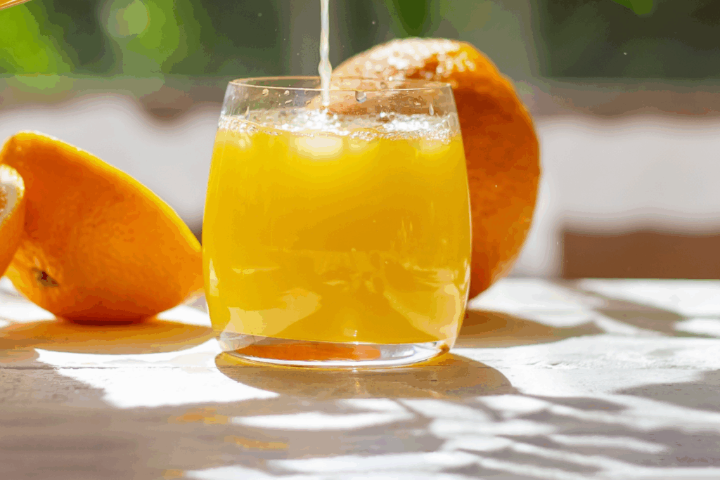 Suco de laranja fresco sendo servido de uma jarra de vidro transparente em um copo baixo sobre uma mesa clara, sob a luz do sol. Ao redor do copo, há laranjas inteiras e cortadas ao meio. O fundo traz folhagens verdes iluminadas