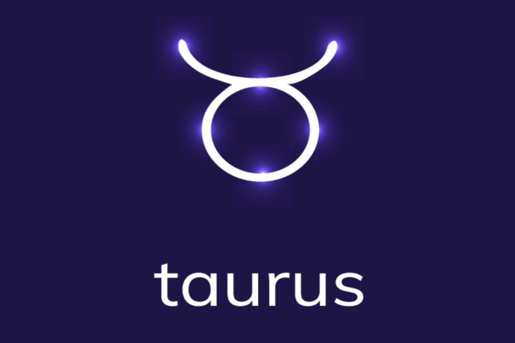 Imagem com fundo roxo-escuro e o símbolo astrológico de Touro em branco. O ícone apresenta um círculo encimado por duas linhas curvas semelhantes a chifres, com pontos de luminosidade violeta ao redor. A palavra “taurus” aparece em branco na parte inferior.