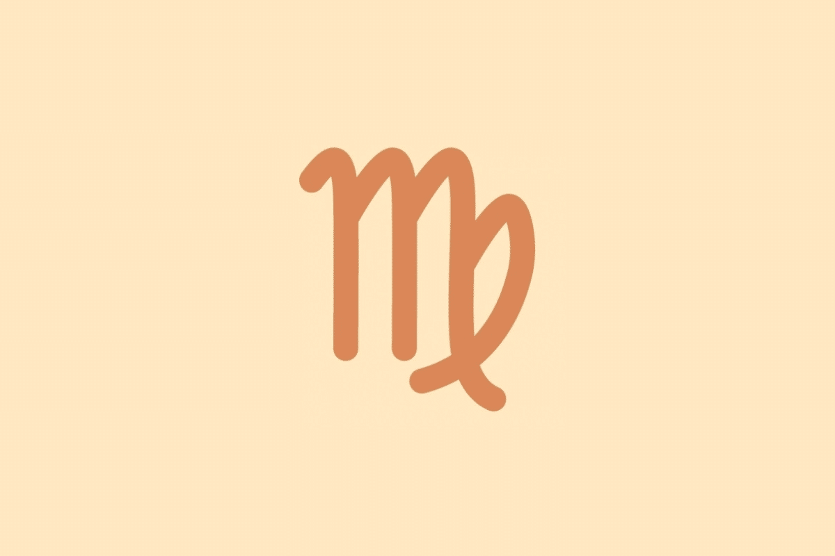 Símbolo minimalista do signo de Virgem em tom terracota sobre fundo laranja
