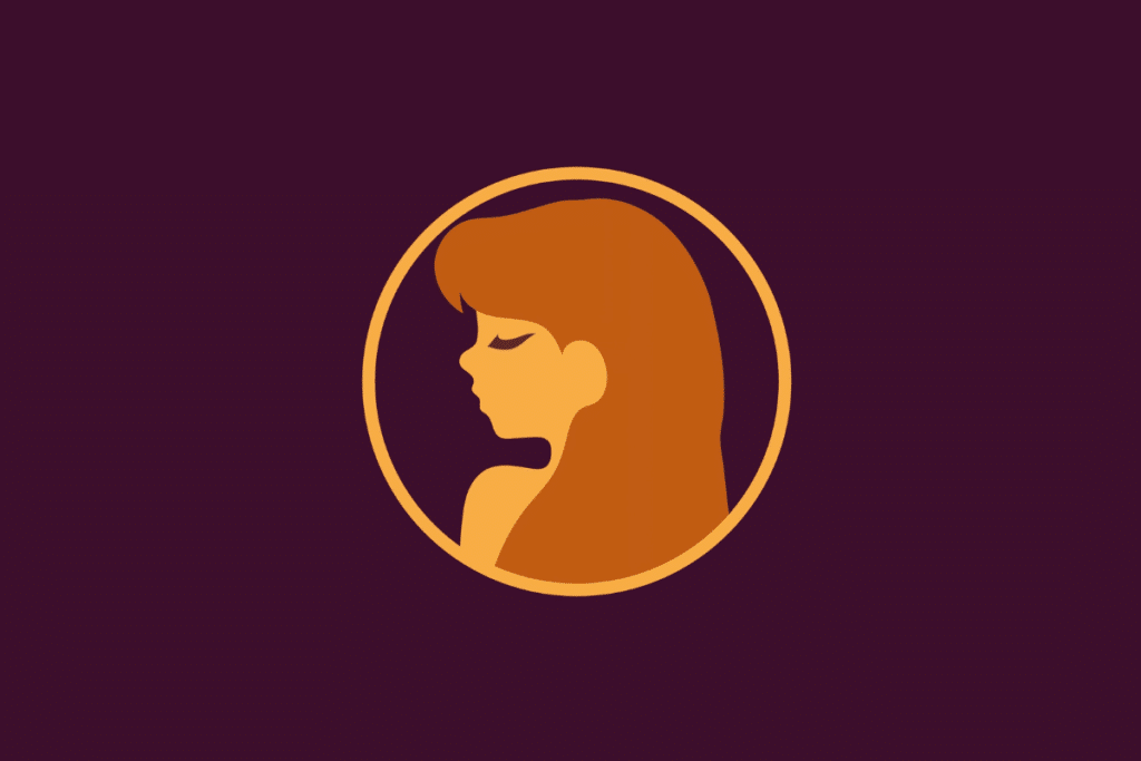 Ícone ilustrado em tons de amarelo e castanho sobre fundo roxo escuro, dentro de uma moldura circular, representando o signo de Virgem através do perfil de uma mulher com longos cabelos e olhos fechados voltada para a esquerda