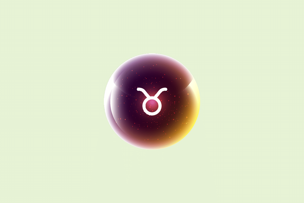 Ilustração do signo Touro, contendo uma esfera brilhante em tons de roxo, rosa e dourado com o símbolo branco de Touro, um círculo com chifres curvados no topo, em fundo verde-pistache.