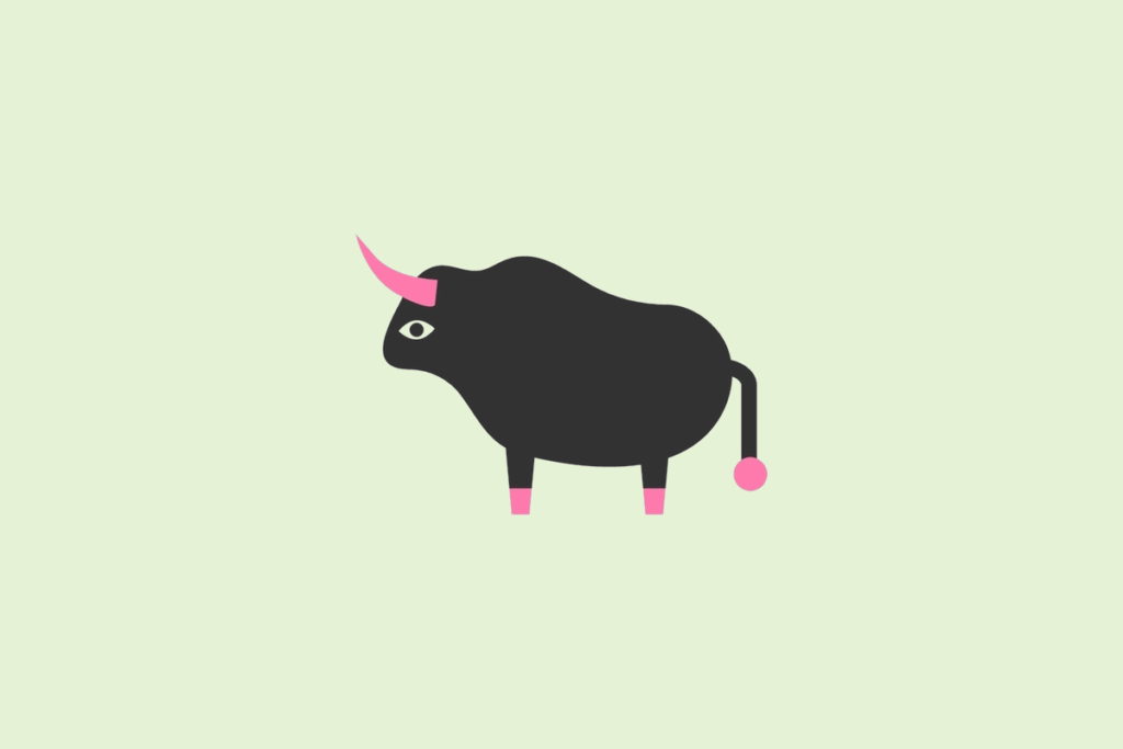 Ilustração do signo Touro, contendo um touro preto de perfil com chifre rosa, cascos rosa e cauda com ponta rosa, em fundo verde-pistache.