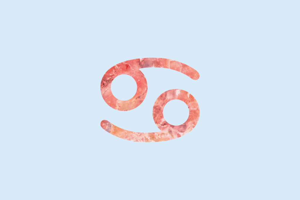 Ilustração do signo Câncer, contendo o símbolo do signo com textura de mármore em tons de coral e rosa, formado por duas curvas opostas com pequenos círculos nas pontas, em fundo azul-claro.