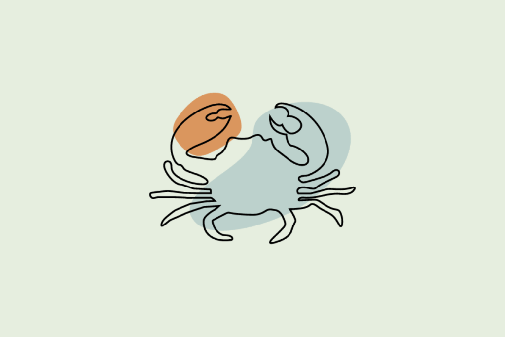 Ilustração do signo Câncer: desenho em traço contínuo preto de um caranguejo visto de cima, com as duas garras erguidas e as patas abertas para os lados, sobre manchas orgânicas em laranja e azul-acinzentado; em fundo verde-sálvia.