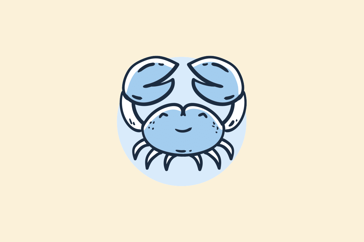 Ilustração do signo Câncer: desenho em estilo de rabisco, com contorno azul-marinho, de um caranguejo azul sorridente visto de frente, com as duas garras grandes erguidas e as patinhas embaixo, sobre um círculo azul-claro; em fundo amarelo-claro.
