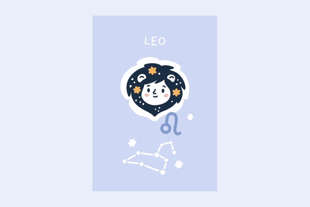 Ilustração do signo Leão, contendo um cartão azul com o nome LEO escrito no topo, uma criança com uma juba escura e estrelada e orelhinhas de leão, ao lado do símbolo azul do signo e, abaixo, a constelação de Leão desenhada em branco com pequenas estrelas, em fundo azul bem claro.