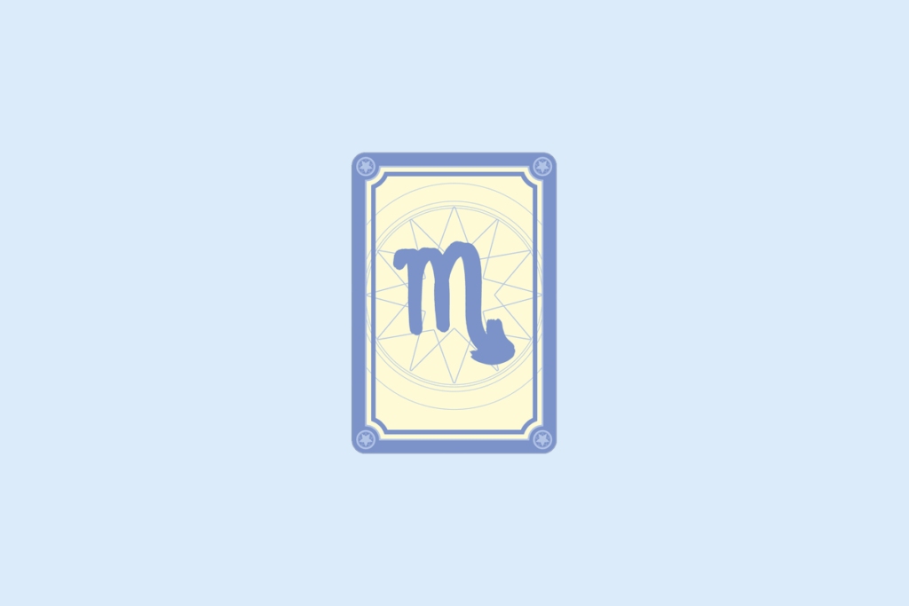 Ilustração do signo Escorpião: carta com moldura azul-lavanda, cantos decorados com estrelinhas e fundo creme com uma mandala de estrela em linhas finas; no centro, o símbolo de Escorpião em azul-lavanda, uma letra "m" cuja última perna desce e termina em uma ponta voltada para a direita, como o ferrão de um escorpião; em fundo azul-claro.