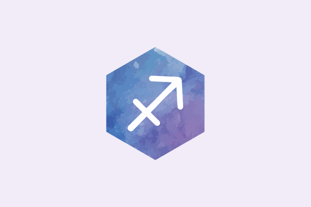 Símbolo do signo Sagitário: traço branco de uma flecha na diagonal apontando para o alto à direita, com um traço cruzado no meio, dentro de um hexágono pintado em aquarela azul e lilás; em fundo lavanda-claro.