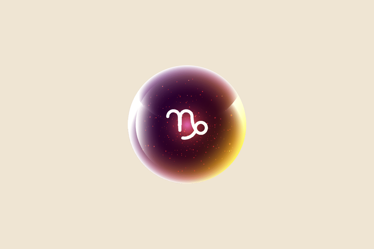 Ilustração do signo Capricórnio, contendo uma esfera brilhante em tons de roxo, rosa e dourado com o símbolo branco de Capricórnio, uma letra V com a ponta direita formando um laço, lembrando a cauda de uma cabra-peixe, em fundo bege.