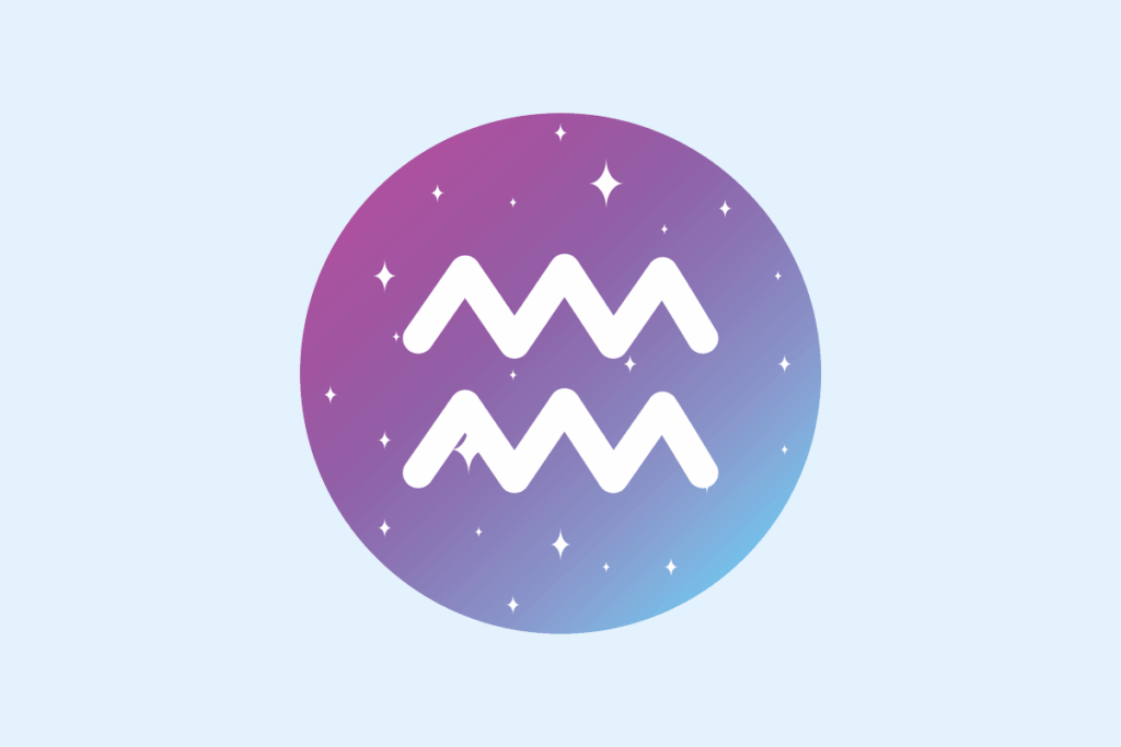Ilustração do signo Aquário: círculo em degradê de roxo para azul, com pequenas estrelas brancas, e no centro o símbolo branco de Aquário, duas linhas em zigue-zague paralelas, uma acima da outra, representando ondas de ar; em fundo azul-céu.