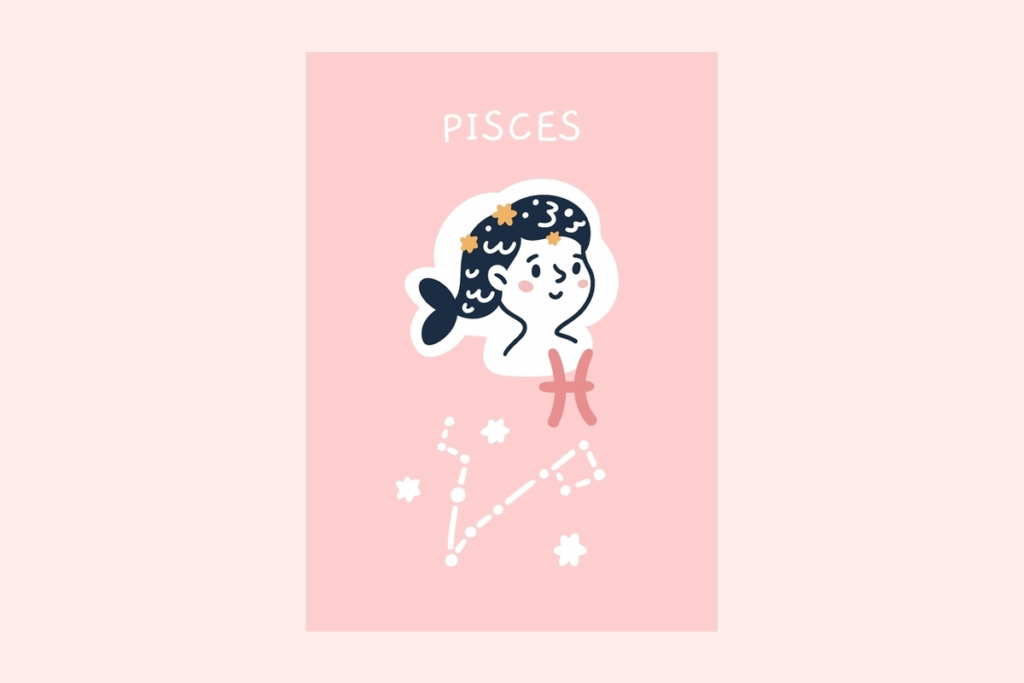 Ilustração do signo Peixes, contendo um cartão rosa com o nome PISCES escrito no topo, uma menina com o cabelo escuro e estrelado em forma de cauda de peixe com escamas, ao lado do símbolo rosa do signo e, abaixo, a constelação de Peixes desenhada em branco com pequenas estrelas, em fundo rosa bem claro.