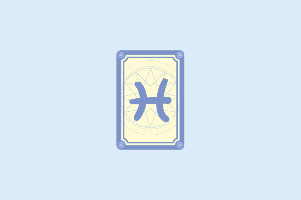 Ilustração do signo Peixes: carta com moldura azul-lavanda, cantos decorados com estrelinhas e fundo creme com uma mandala de estrela em linhas finas; no centro, o símbolo de Peixes em azul-lavanda, dois arcos curvos voltados de costas um para o outro, ligados por uma linha horizontal no meio, representando dois peixes unidos; em fundo azul-claro.