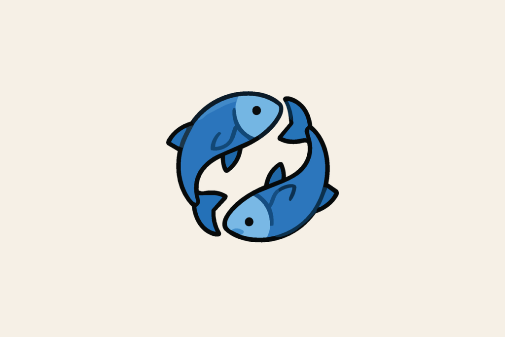 Ícone colorido de dois peixes azuis nadando em direções opostas e formando um círculo, representando o signo de Peixes, sobre fundo bege-claro.